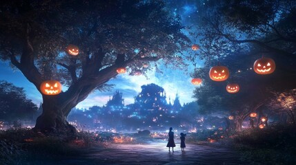 Obraz premium An enchanted forest Halloween festival glowing pumpkins hanging from trees
