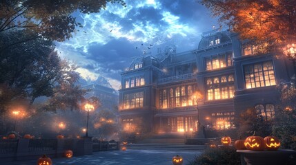 An old library with pumpkins glowing on the rooftop the building bathed in eerie orange light