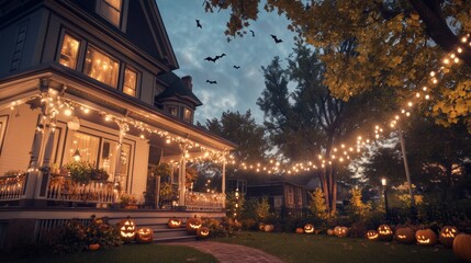 An old Victorian house decorated for Halloween pumpkins of all shapes and sizes glowing on the porch