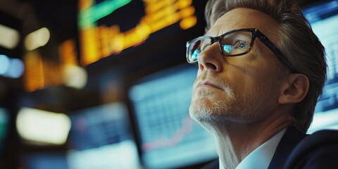 Contemplative businessman analyzing market trends with charts displayed in the background, reflecting focus and strategy.