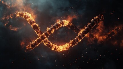Dramatic depiction of a DNA double helix engulfed in flames against a dark background