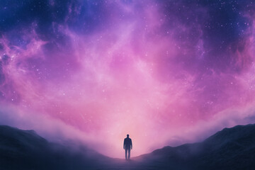 Man silhouette at dreamy Universe landscape.
