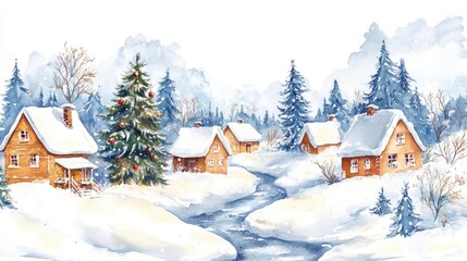 Fototapeta premium Watercolor Winter Landscape with Village and River, Snowing, Cozy Houses in Forest, Hand-Drawn Illustration