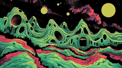 A vibrant, surreal alien landscape with colorful mountains and celestial bodies.