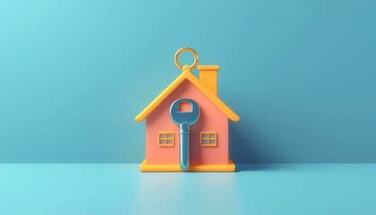 A colorful house model with a key, symbolizing real estate, homeownership, and keys for new beginnings.