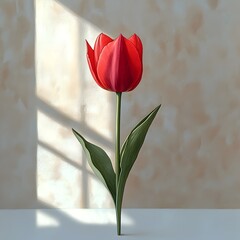 Vibrant Red Tulip Blossom Standing Resolute on Minimalist Watercolor Stage