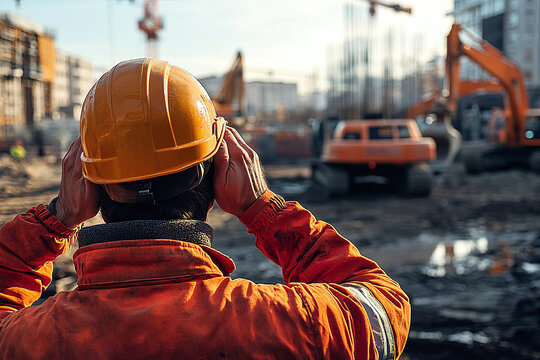a construction worker suffering from loud ambient noise, noise pollution at construction site