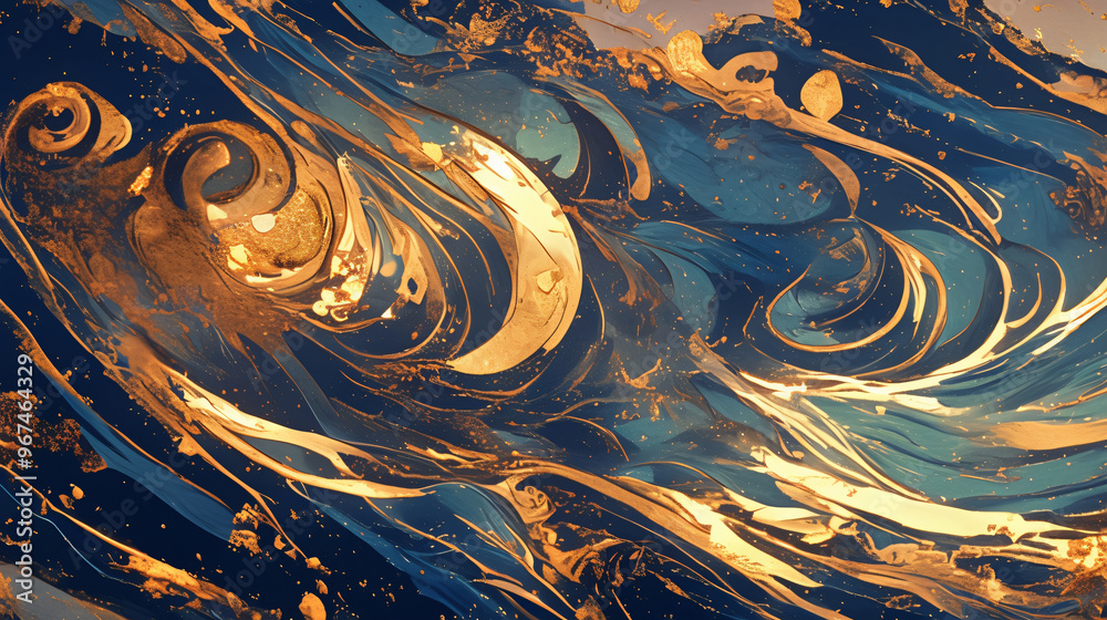 Poster an intricate and flowing abstract art piece featuring swirling patterns in blue and gold, creating a