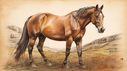 Obraz premium An artistic sketch of a horse standing in a field, blending realistic details with a classic artistic touch and elegance.