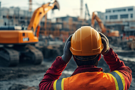 a construction worker suffering from loud ambient noise, noise pollution at construction site