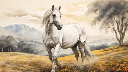 A white horse calmly walks with mountains in the background, blending nature's grandeur and the grace of the animal.