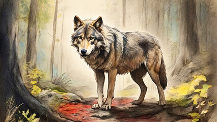 A wolf stands alert in an autumn forest, representing the wild spirit and untamed beauty of the natural world.