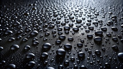 Dark and moody black background with high-resolution water drops close-up , monochrome, detailed, atmospheric, top view, texture