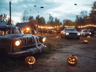 A haunted Halloween car festival in an abandoned parking lot rusty old cars covered in cobwebs and bones
