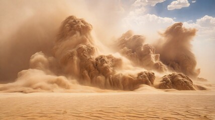 A fierce and raging sandstorm overtakes a sandy field in the desert, lifting enormous amounts of dust and sand into the sky.
