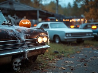 A haunted Halloween car festival in an abandoned parking lot rusty old cars covered in cobwebs and bones