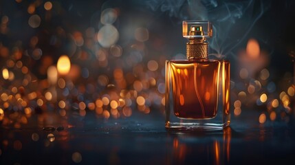 Elegant perfume bottle on a dark background amber liquid luxury fragrance display