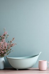 A serene still life featuring a pastel bowl, fresh flowers, and a soft pink mug against a calming blue background
