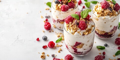 Delicious raspberry parfaits layered with creamy yogurt, crunchy granola, and fresh berries, perfect for a healthy dessert.