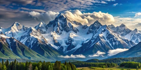 Panoramic view of majestic mountain peaks with snow-capped summits, panorama, mountains, landscape, scenic, nature, wilderness