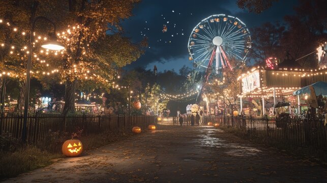 A haunted Halloween festival in an abandoned amusement park rusty rides