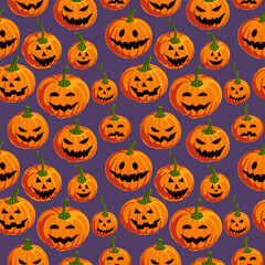 vector drawing seamless pattern with orange pumpkins, jack-o-lantern , halloween background, hand drawn illustration