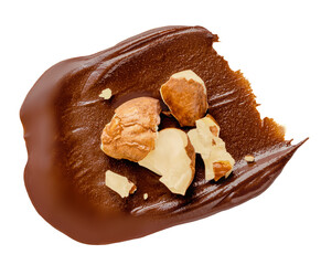 Hazelnut paste isolated on white background. Chocolate Cream spreading, spread  with broken  hazelnuts .top view. Flat lay