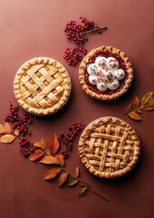 Three delicious pies topped with fruits and cream, surrounded by autumn leaves and berries