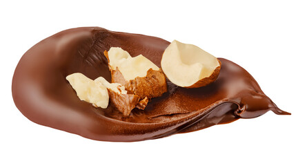 Hazelnut spread isolated on white background. Chocolate Cream spreading, paste  with crushed hazelnuts .top view. Flat lay