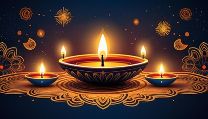 Illustration of glowing Diya oil lamps casting warm light against a dark, starry night sky during Diwali