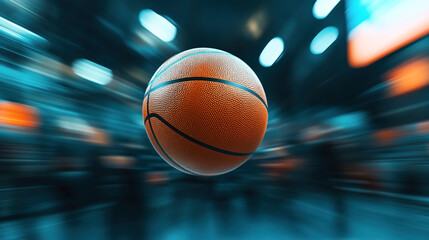 Close-up image of a basketball in mid-air with a blurred, colorful background. The motion blur and dynamic lighting emphasize the action and focus on the ball.
