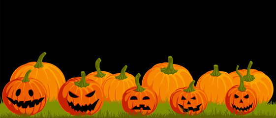 vector drawing orange pumpkins, jack-o-lantern, halloween background, hand drawn illustration