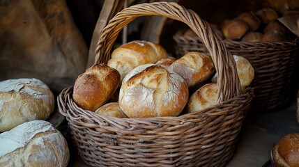 A woven basket filled with various baked goods, such as loaves of bread and rolls. - Powered by Adobe