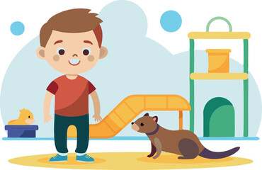 A boy is standing next to a small animal, possibly a ferret. The scene is set in a room with a slide and a cat house. The boy appears to be happy and engaged with the animal