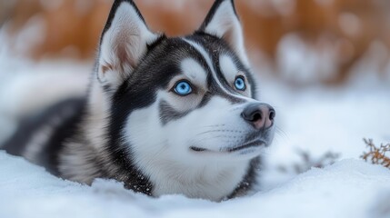Naklejka premium majestic husky dog in snowcovered winter landscape piercing blue eyes contrasting against pristine white background