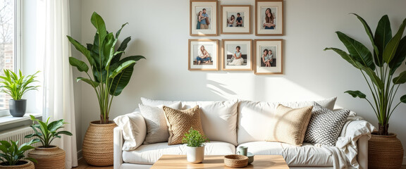 Minimalist Living Room Interior with White Sofa and Plants