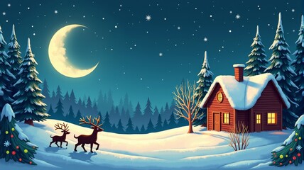Naklejka premium Cozy Snowy Cabin with Reindeer Under Starry Night Sky with Crescent Moon - Winter Wonderland Illustration for Christmas Holidays