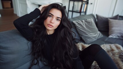 Fototapeta premium Woman comfortably seated on a sofa highlighting her visible varicose veins on one leg