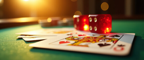 Closeup of playing cards and dice on a green felt table