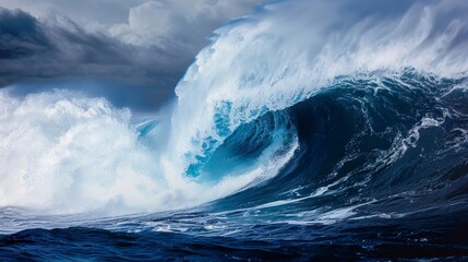 Professional surfer riding a massive wave at sunset