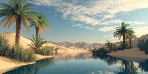 Serene desert landscape with palm trees and a tranquil water body reflecting the clear blue sky.