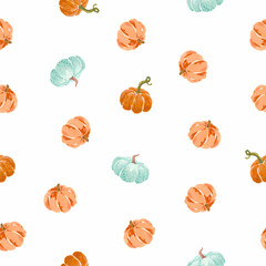 Beautiful autumn seamless pattern with hand drawn gouache pumpkin illustrations. Fall design print. Stock illustration.