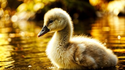 Fototapeta premium Adorable fluffy duckling swimming in a golden sunset pond