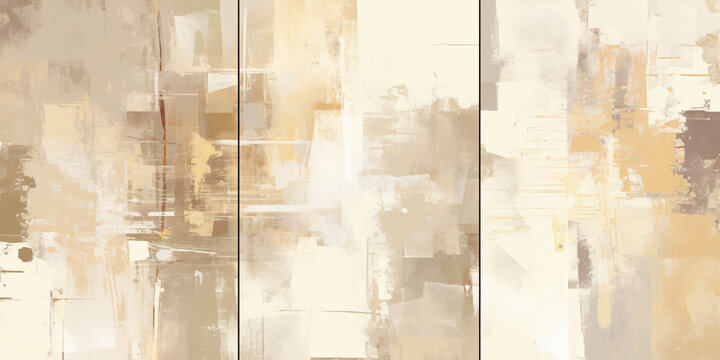 An abstract triptych featuring soft beige and cream tones, creating a calming effect. This artwork has a modern feel with a subtle texture and depth.