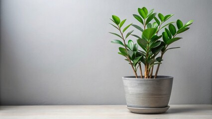 Fototapeta premium Zamioculcas zz plant in modern gray ceramic pot on light background, minimalist home decor