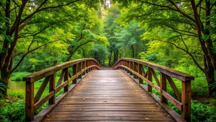 Obraz premium Old wooden bridge surrounded by lush green trees and foliage, outdoors, nature, forest, bridge, wooden, aged, vintage, rustic