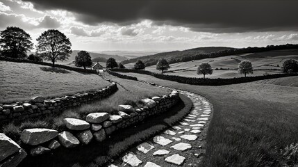 Generative AI, A winding stone path through rolling hills under a dramatic cloudy sky in black and white