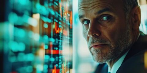 A focused businessman analyzing data trends on a digital display, showcasing the intersection of technology and finance.