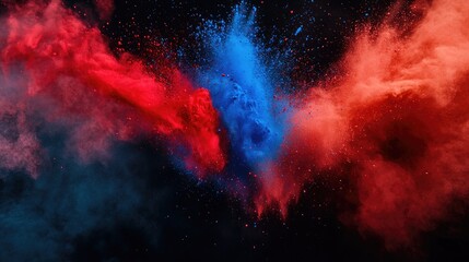 Blue and Red color powder explosion on black background. Colored cloud. Colorful dust explode. Paint Holi