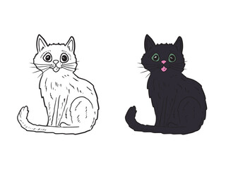 Beautiful black witch cat sitting with big green eyes isolated on white background. Hand drawn vector sketch illustration in doodle engraved vintage line art style. Happy Halloween, trick or treat